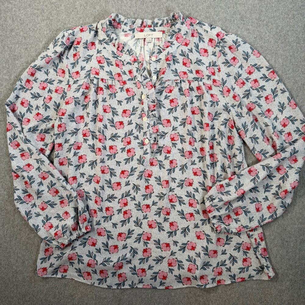 LOFT Women's Medium Floral Dotted Blouse Ruffle Neck Long Sleeve Button Top